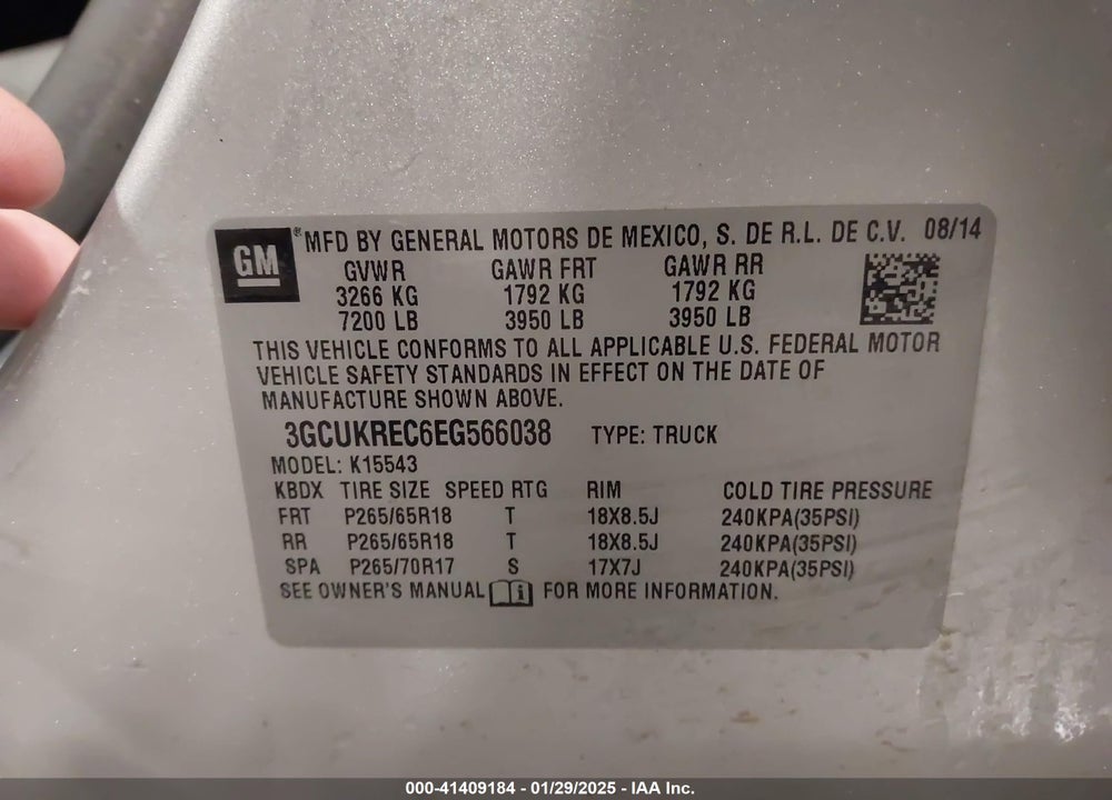 2014 CHEVROLET SILVERADO 1500 VIN: 3GCUKREC6EG566038