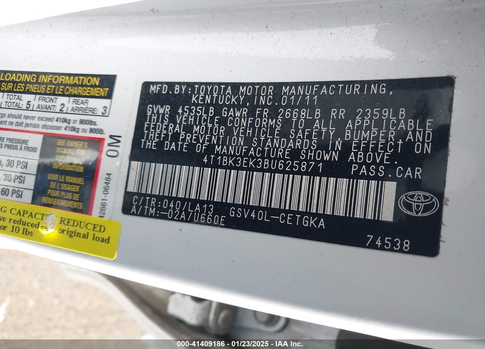 2011 TOYOTA CAMRY VIN: 4T1BK3EK3BU625871