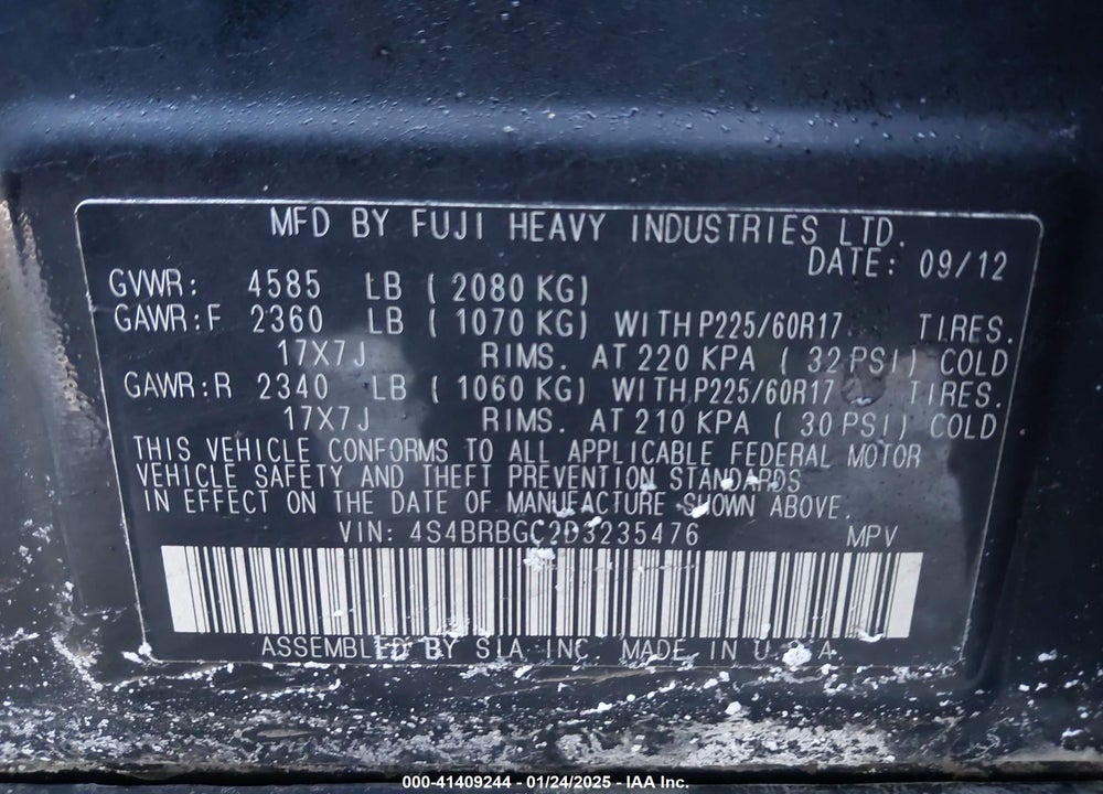 2013 SUBARU OUTBACK 2.5I PREMIUM VIN: 4S4BRBGC2D3235476