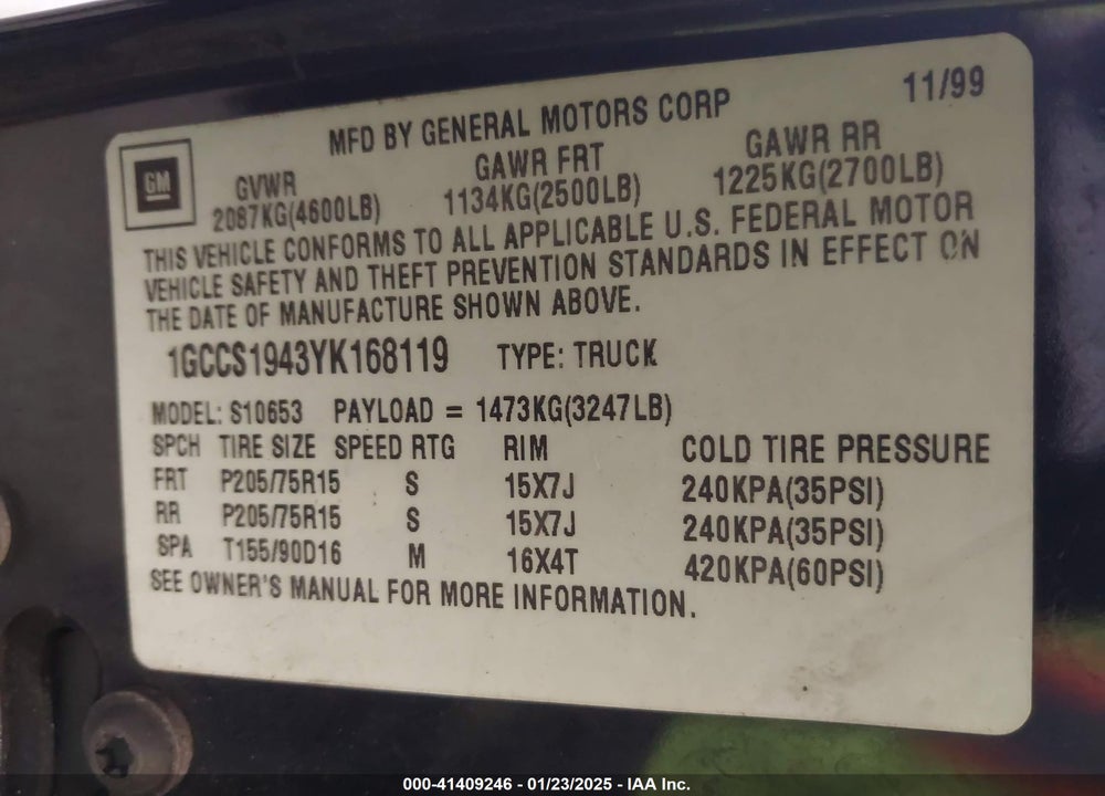 2000 CHEVROLET S-10 LS VIN: 1GCCS1943YK168119