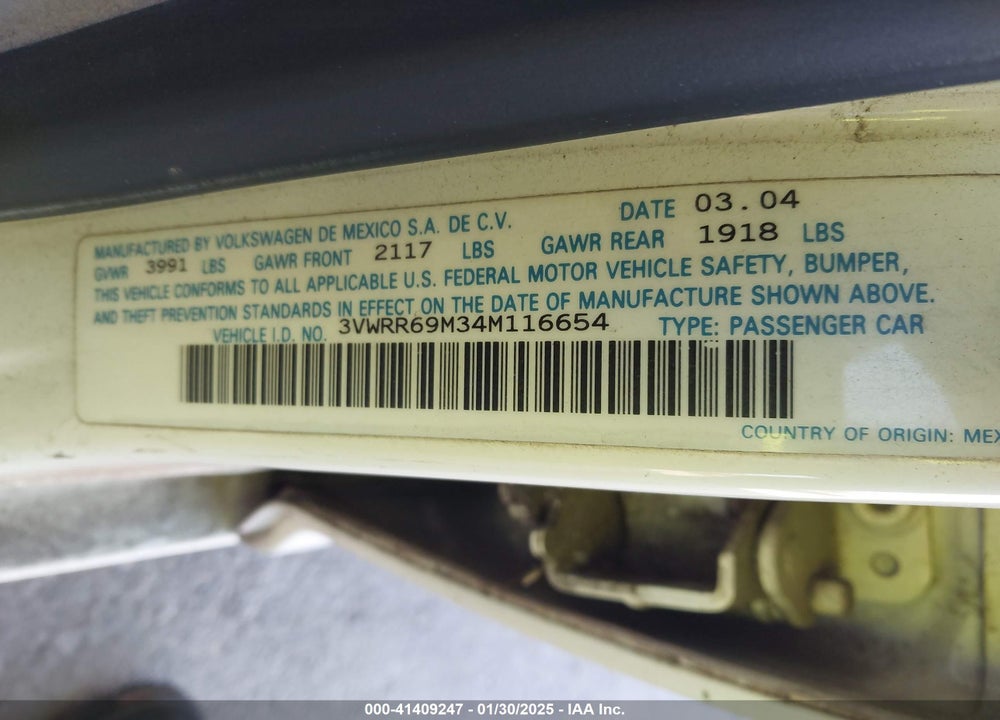 2004 VOLKSWAGEN JETTA GL TDI VIN: 3VWRR69M34M116654