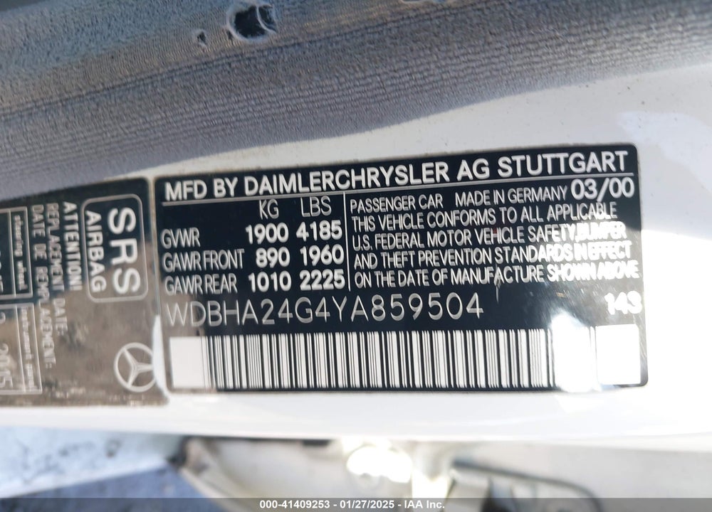 2000 MERCEDES-BENZ C 230 KOMPRESSOR VIN: WDBHA24G4YA859504