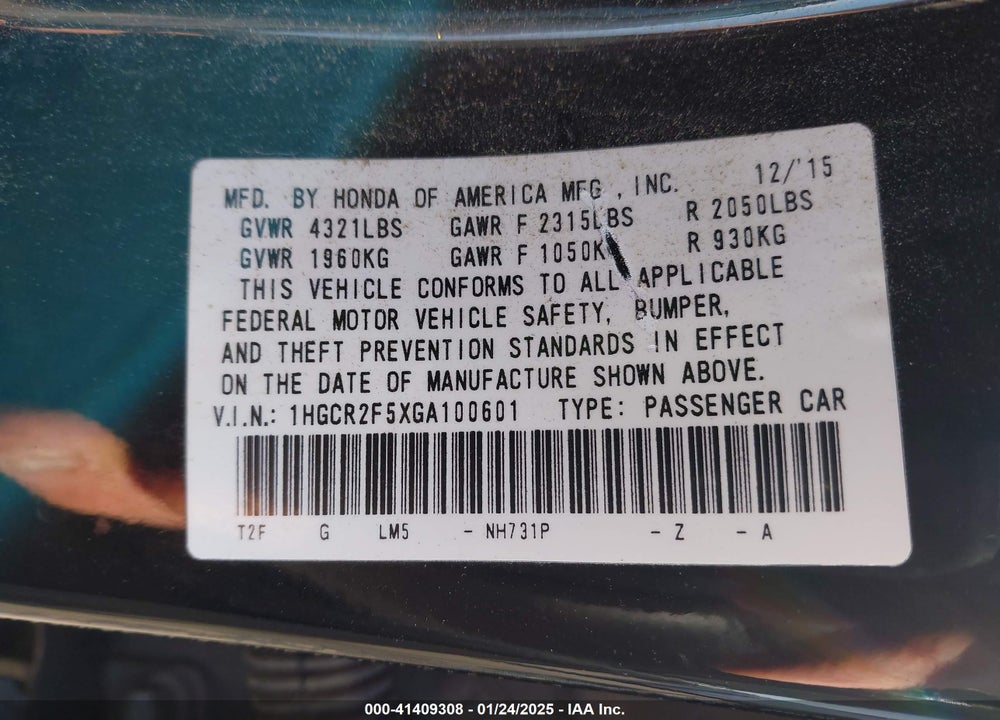 2016 HONDA ACCORD VIN: 1HGCR2F5XGA100601