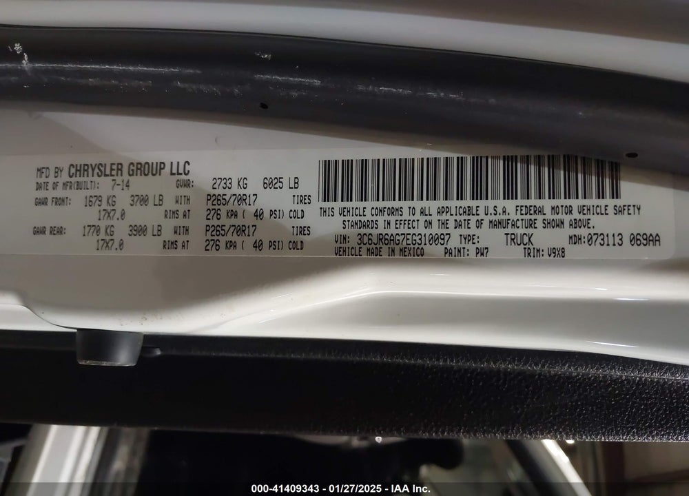 2014 RAM 1500 VIN: 3C6JR6AG7EG310097