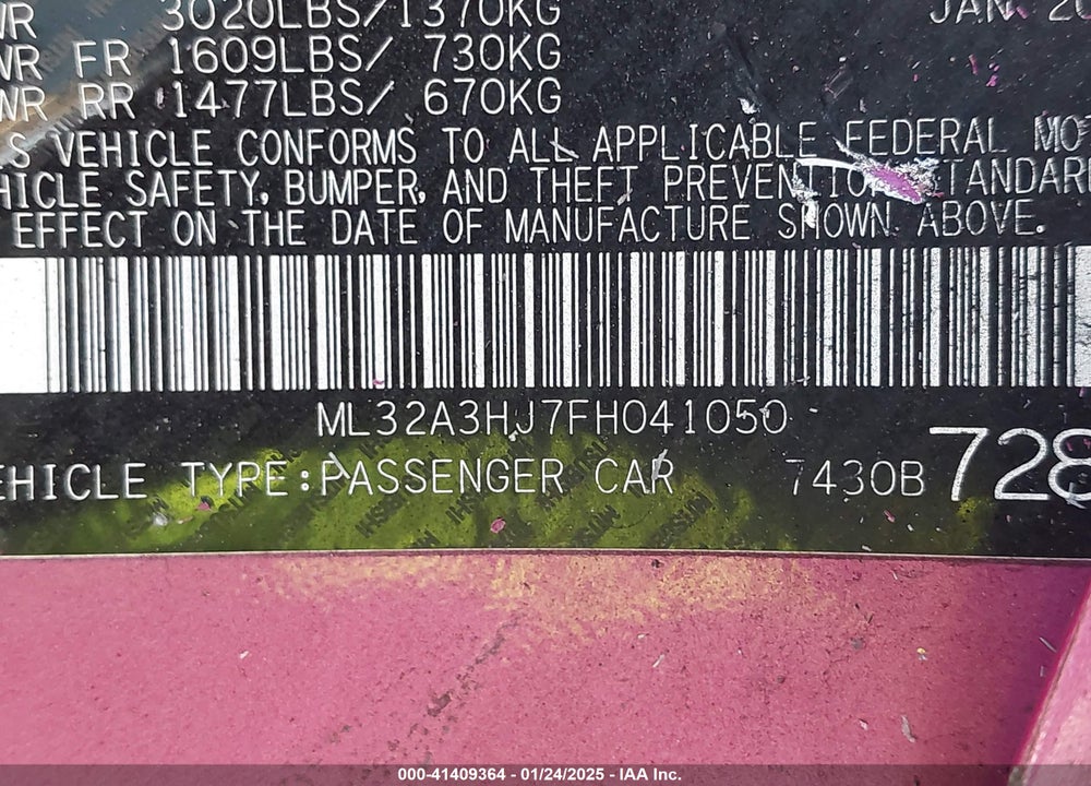 2015 MITSUBISHI MIRAGE VIN: ML32A3HJ7FH041050