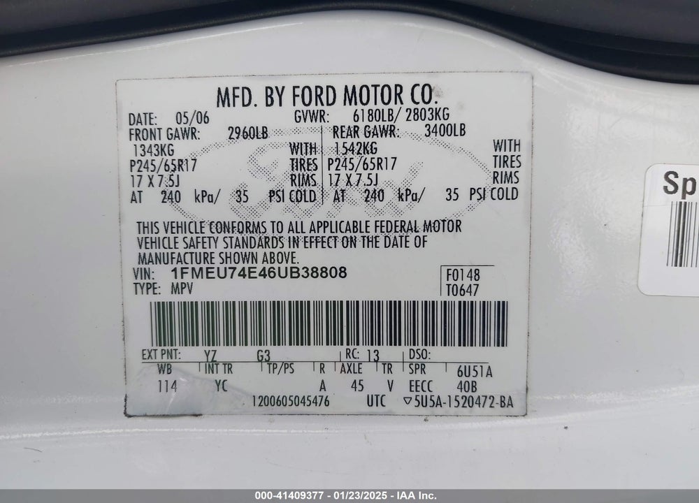 2006 FORD EXPLORER EDDIE BAUER VIN: 1FMEU74E46UB38808