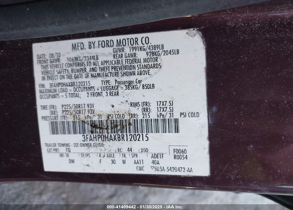 2011 FORD FUSION VIN: 3FAHP0HAXBR120215