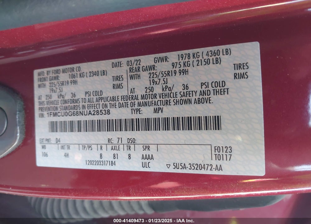 2022 FORD ESCAPE SE VIN: 1FMCU0G68NUA28538