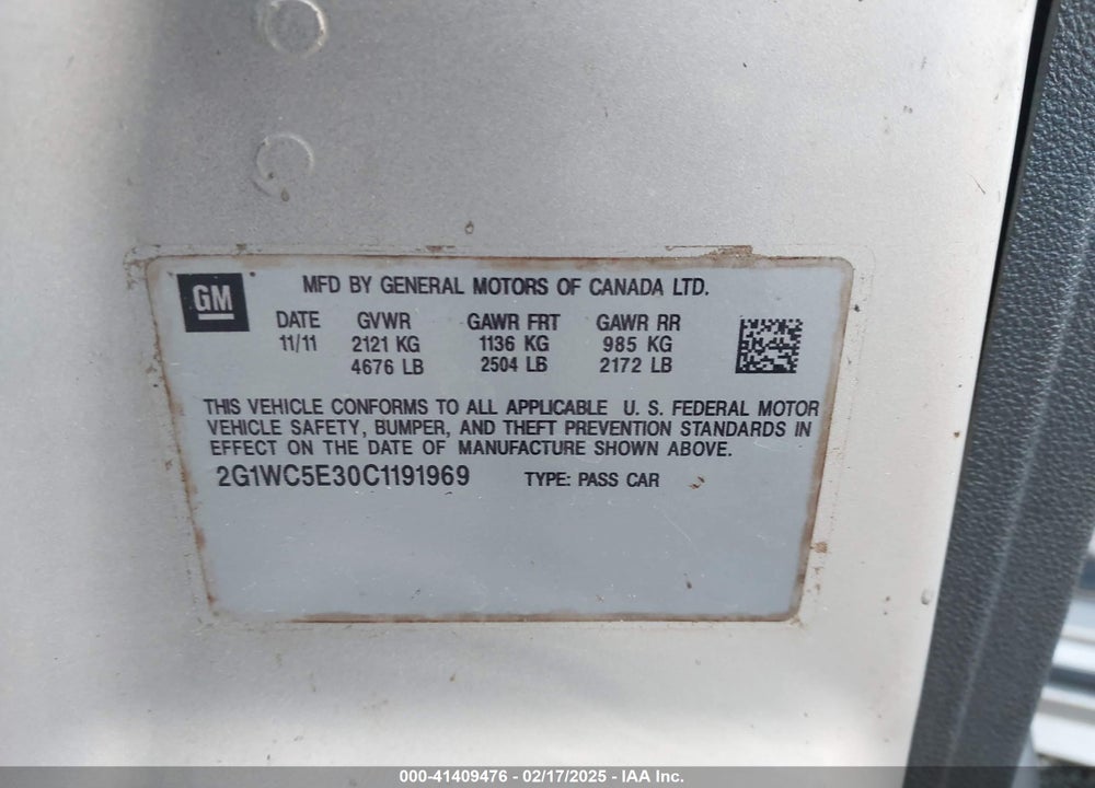2012 CHEVROLET IMPALA VIN: 2G1WC5E30C1191969