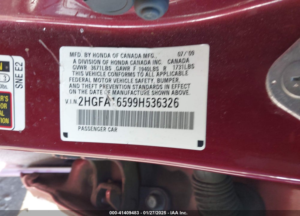 2009 HONDA CIVIC VIN: 2HGFA16599H536326