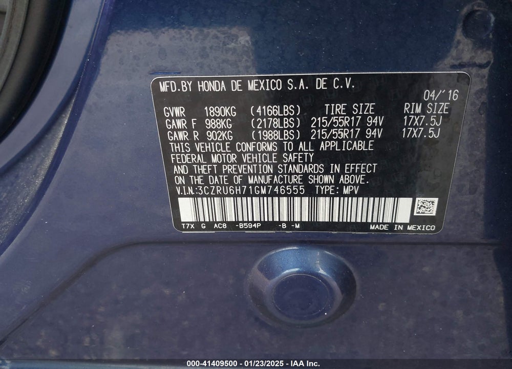 2016 HONDA HR-V EX-L VIN: 3CZRU6H71GM746555