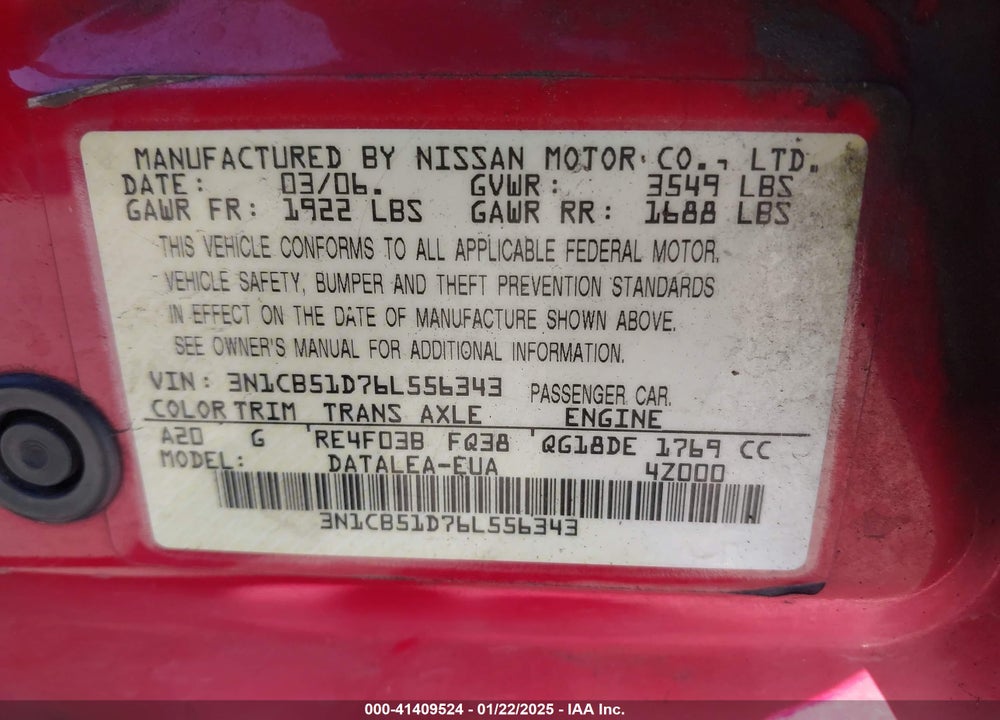 2006 NISSAN SENTRA VIN: 3N1CB51D76L556343