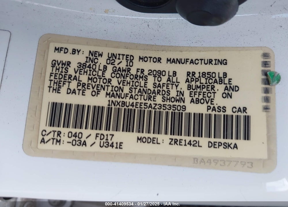 2010 TOYOTA COROLLA VIN: 1NXBU4EE5AZ353509
