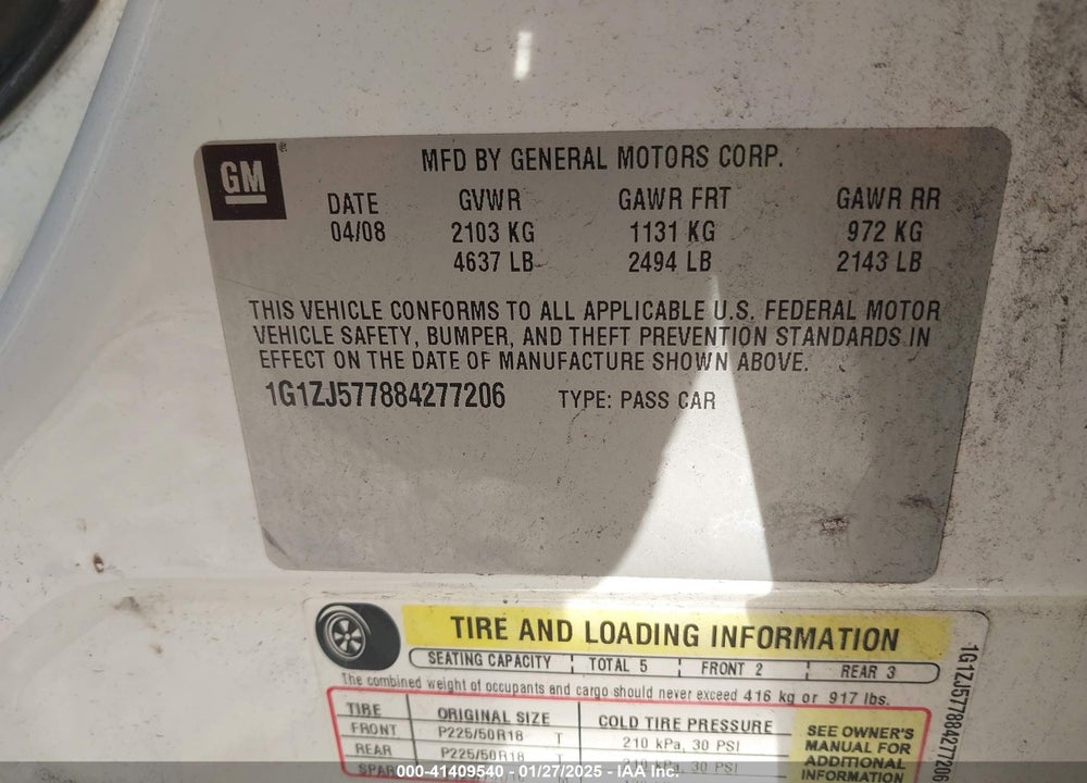 2008 CHEVROLET MALIBU VIN: 1G1ZJ577884277206