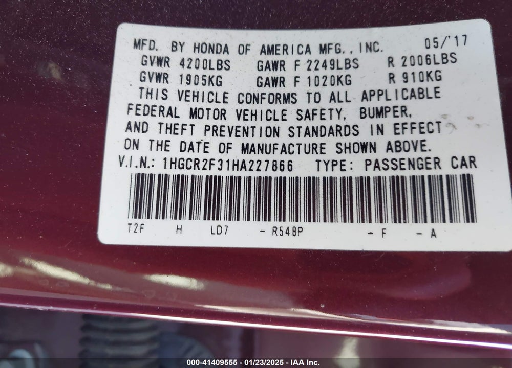 2017 HONDA ACCORD VIN: 1HGCR2F31HA227866