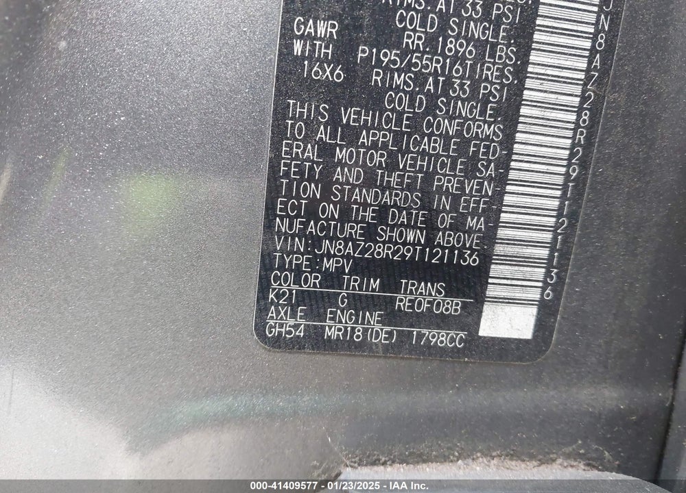 2009 NISSAN CUBE VIN: JN8AZ28R29T121136