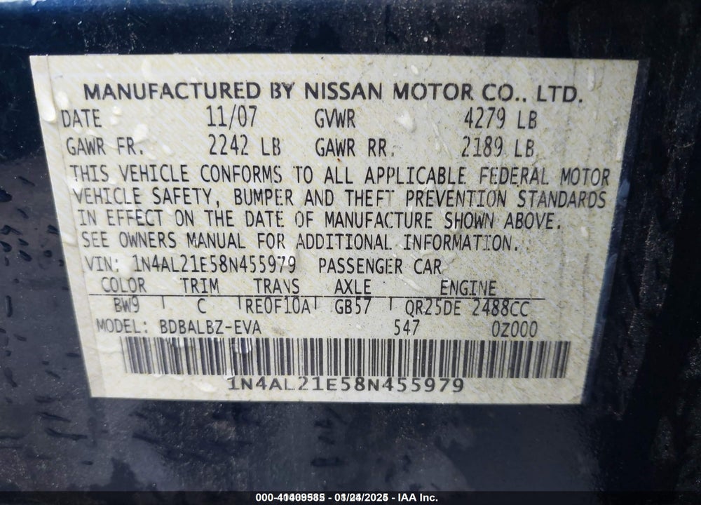 2008 NISSAN ALTIMA 2.5 S VIN: 1N4AL21E58N455979