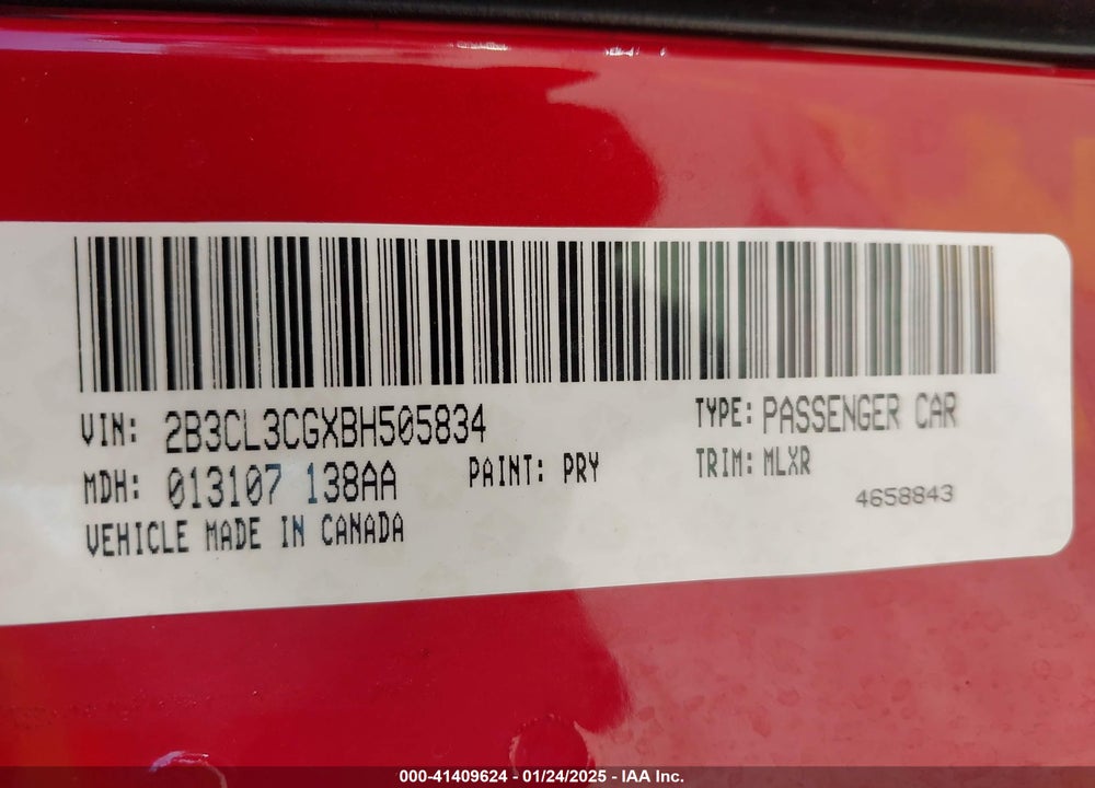 2011 DODGE CHARGER VIN: 2B3CL3CGXBH505834