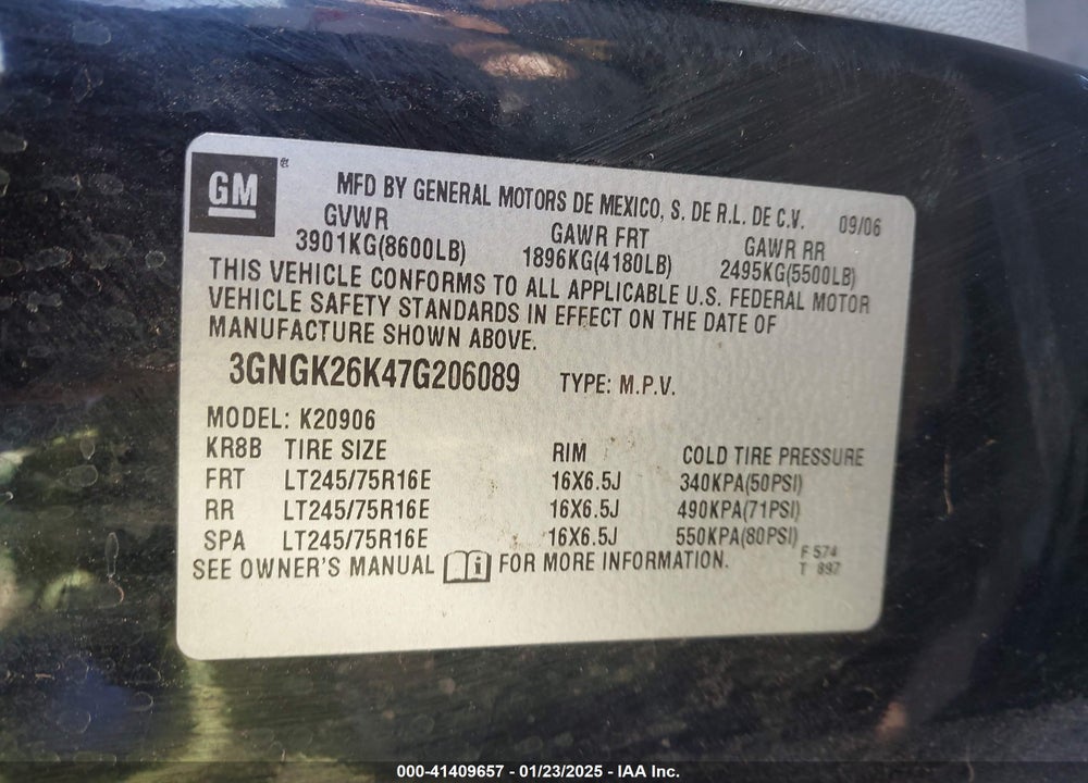 2007 CHEVROLET SUBURBAN 2500 LT VIN: 3GNGK26K47G206089