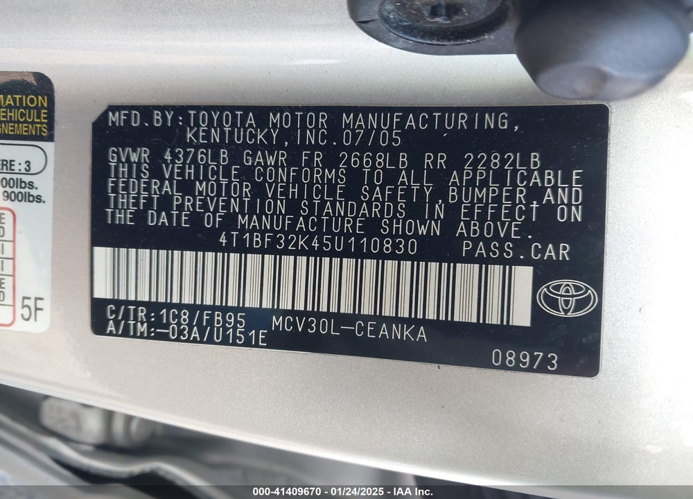 2005 TOYOTA CAMRY LE V6 VIN: 4T1BF32K45U110830