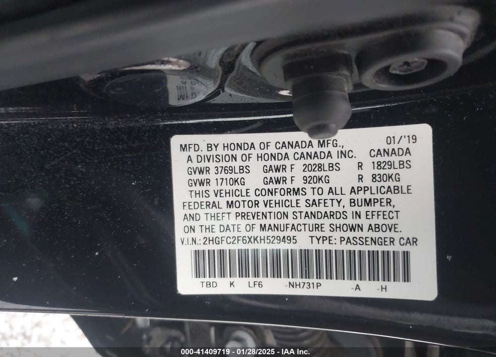2019 HONDA CIVIC VIN: 2HGFC2F6XKH529495