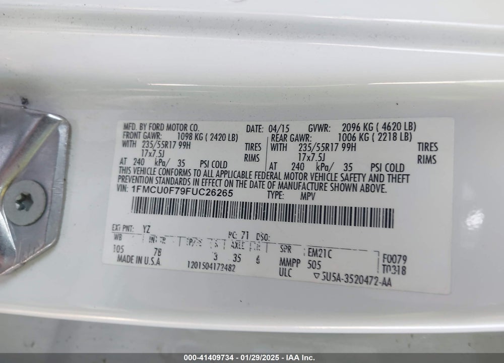 2015 FORD ESCAPE S VIN: 1FMCU0F79FUC26265