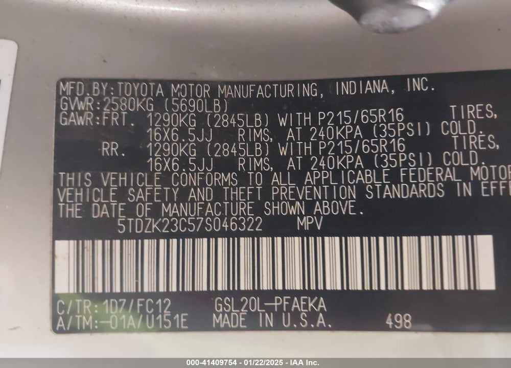 2007 TOYOTA SIENNA LE VIN: 5TDZK23C57S046322