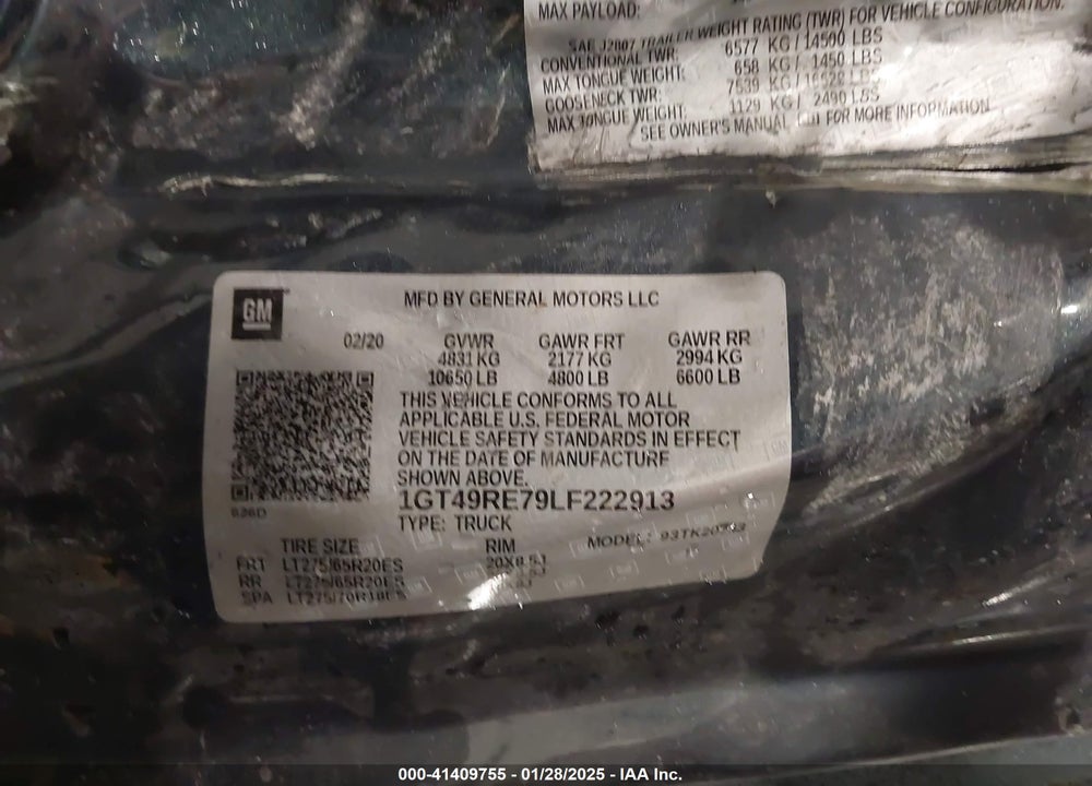 2020 GMC SIERRA 2500HD VIN: 1GT49RE79LF222913