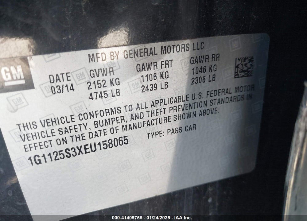 2014 CHEVROLET IMPALA VIN: 1G1125S3XEU158065