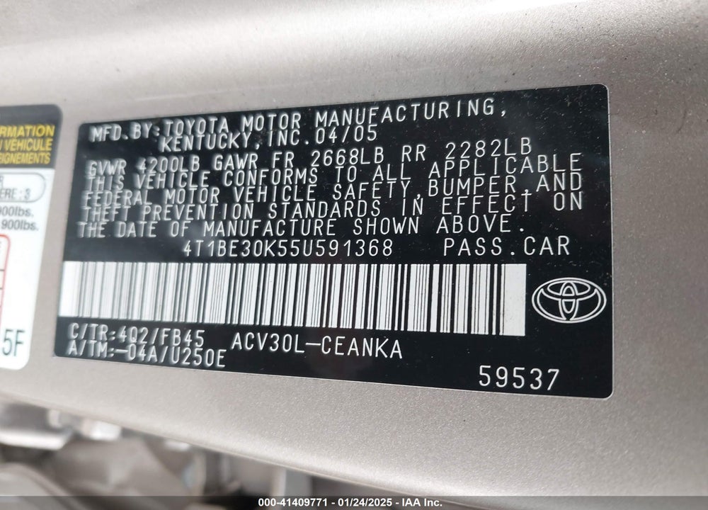 2005 TOYOTA CAMRY VIN: 4T1BE30K55U591368