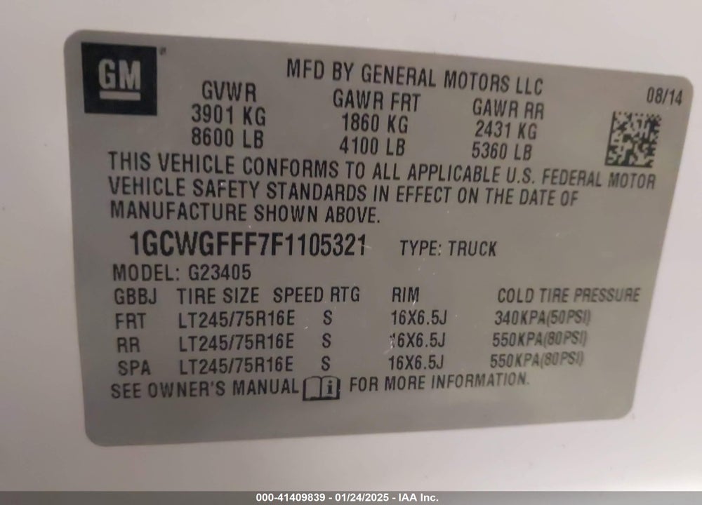 2015 CHEVROLET EXPRESS 2500 WORK VAN VIN: 1GCWGFFF7F1105321