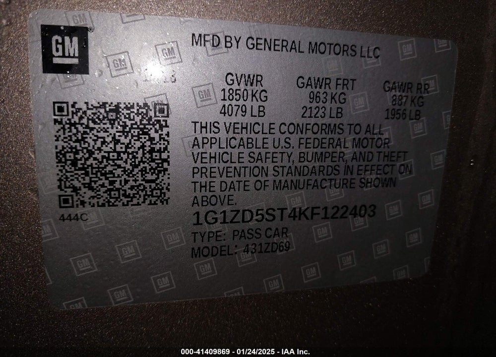 2019 CHEVROLET MALIBU VIN: 1G1ZD5ST4KF122403