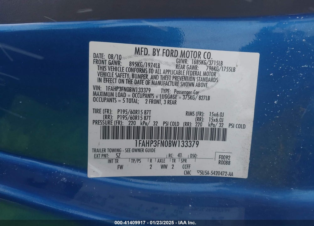 2011 FORD FOCUS VIN: 1FAHP3FN0BW133379