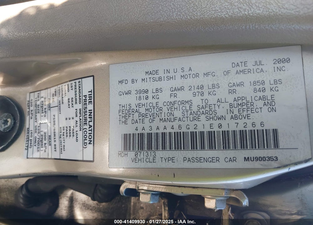 2001 MITSUBISHI GALANT ES VIN: 4A3AA46G21E017266