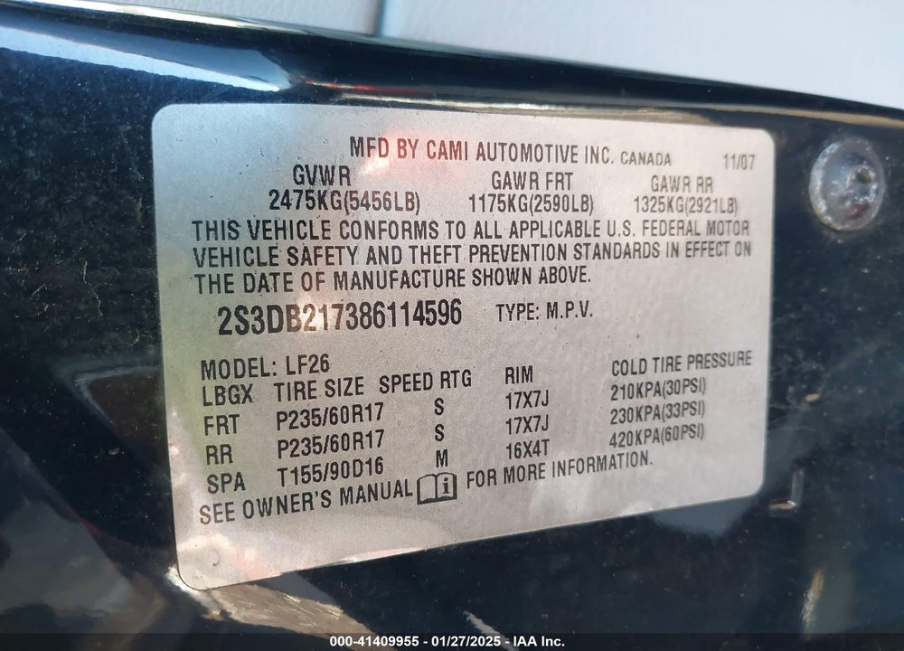 2008 SUZUKI XL7 PREMIUM VIN: 2S3DB217386114596