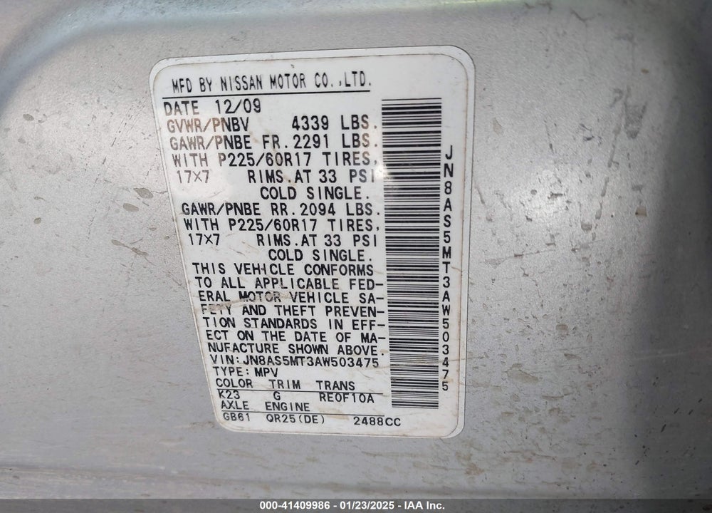 2010 NISSAN ROGUE SL VIN: JN8AS5MT3AW503475