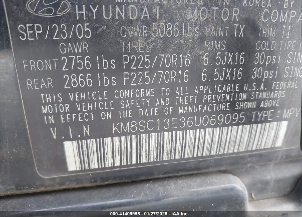 2006 HYUNDAI SANTA FE VIN: KM8SC13E36U069095