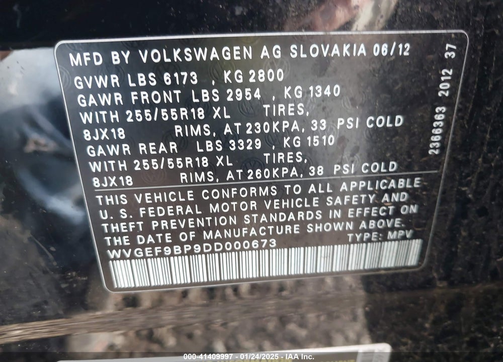 2013 VOLKSWAGEN TOUAREG VR6 SPORT VIN: WVGEF9BP9DD000673