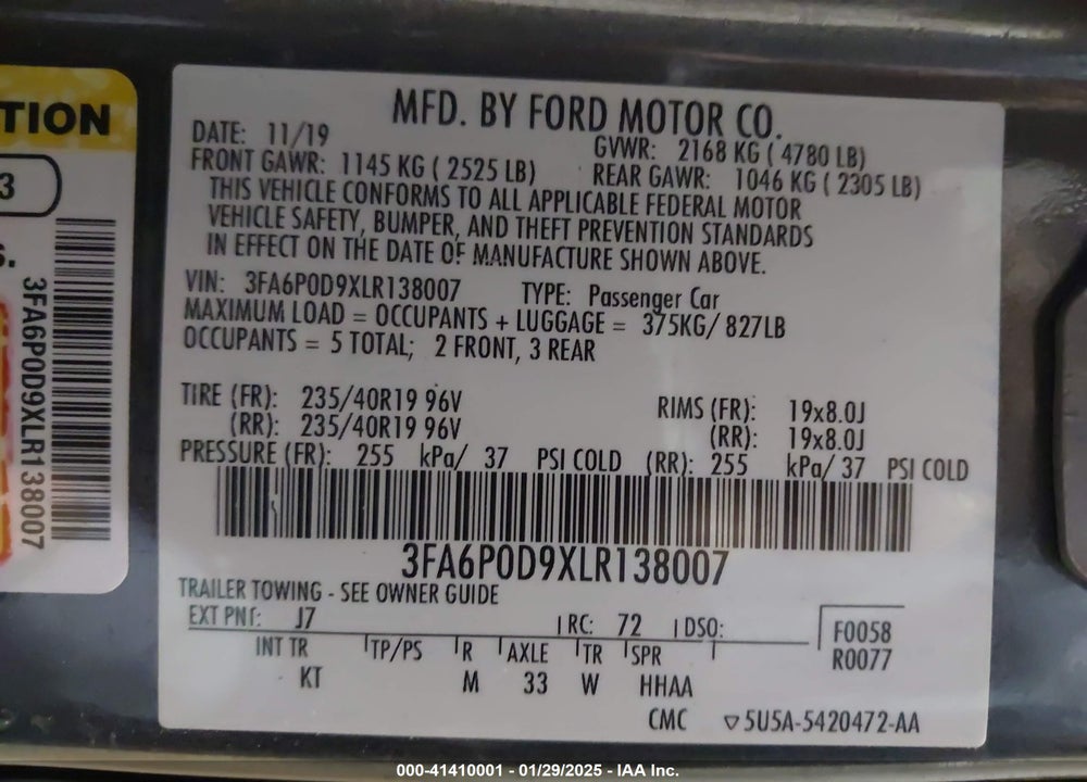 2020 FORD FUSION VIN: 3FA6P0D9XLR138007
