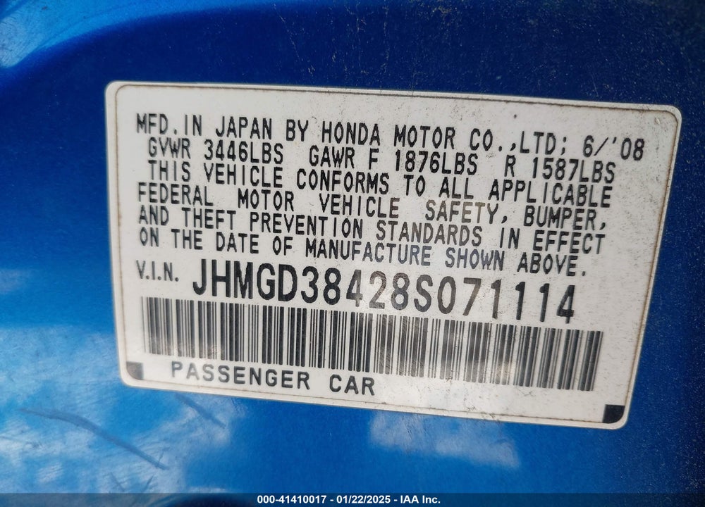 2008 HONDA FIT VIN: JHMGD38428S071114