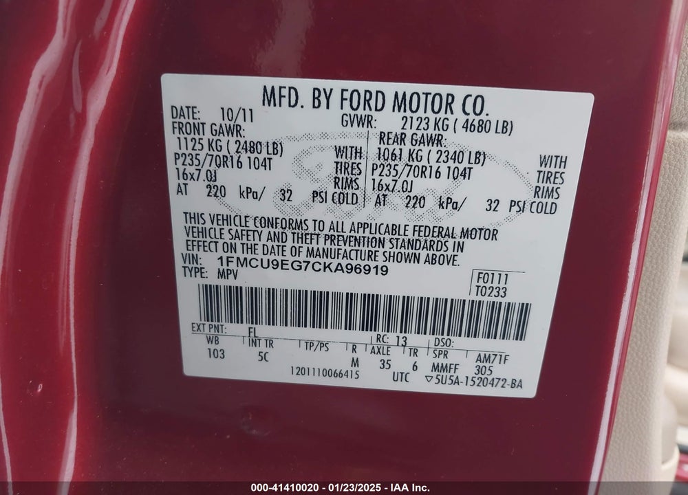 2012 FORD ESCAPE LIMITED VIN: 1FMCU9EG7CKA96919