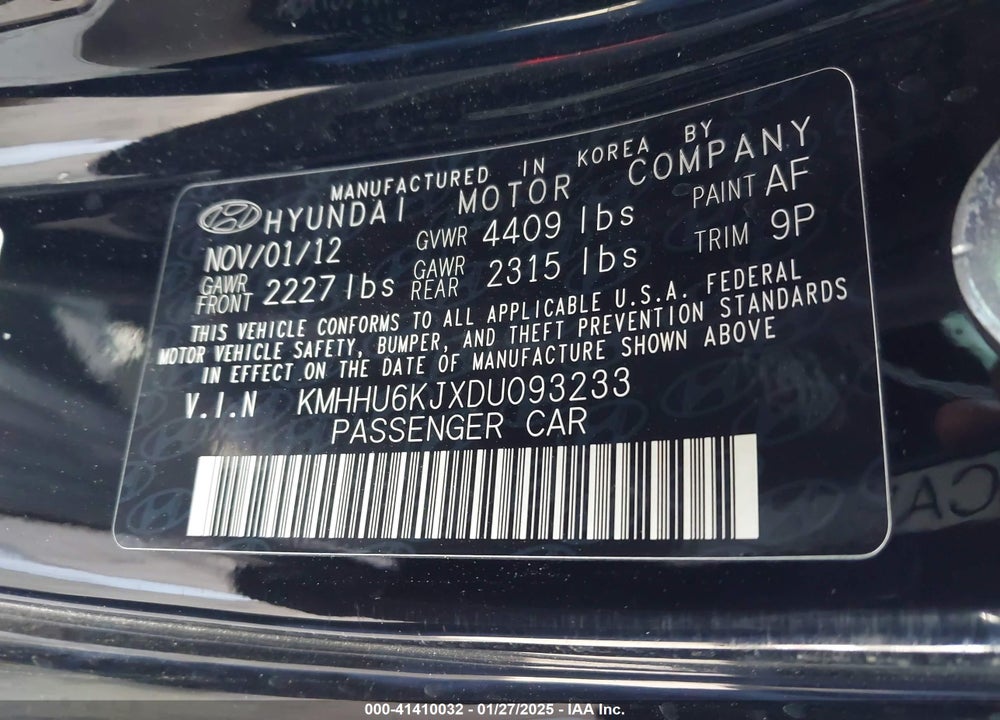 2013 HYUNDAI GENESIS VIN: KMHHU6KJXDU093233