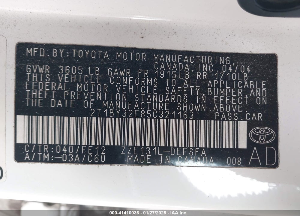 2005 TOYOTA COROLLA XRS VIN: 2T1BY32E85C321163