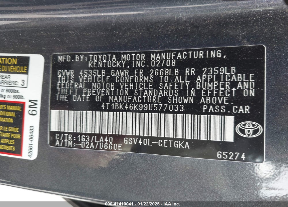 2009 TOYOTA CAMRY XLE V6 VIN: 4T1BK46K99U577033