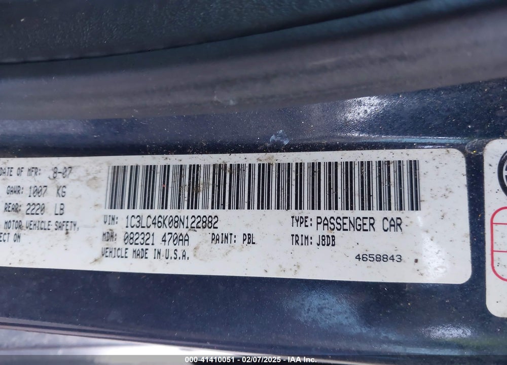 2008 CHRYSLER SEBRING LX VIN: 1C3LC46K08N122882