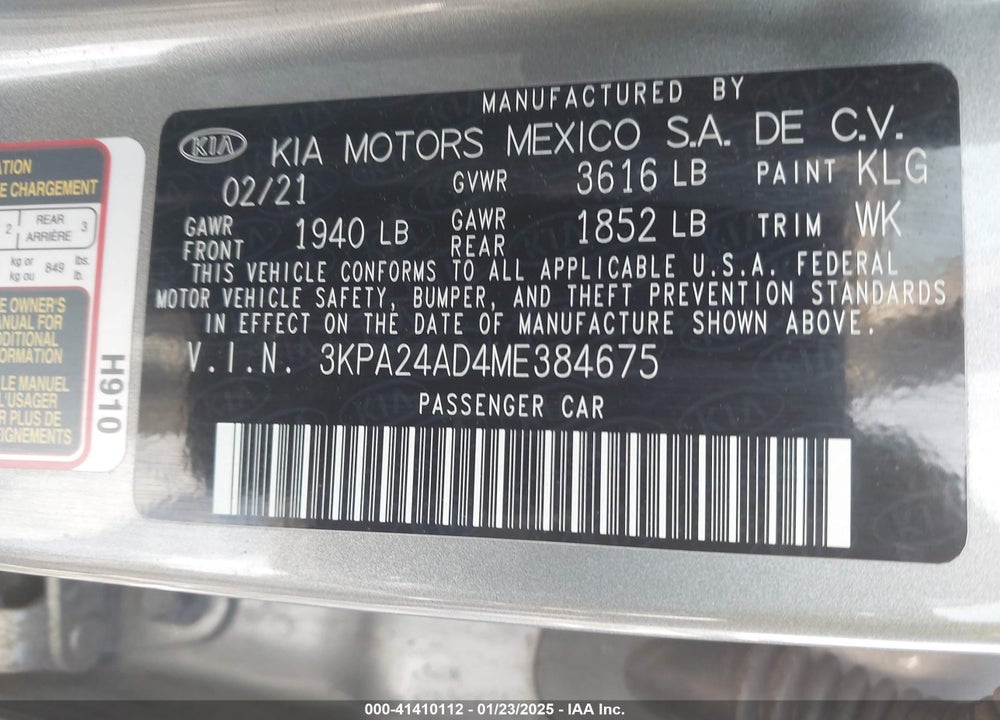 2021 KIA RIO S VIN: 3KPA24AD4ME384675