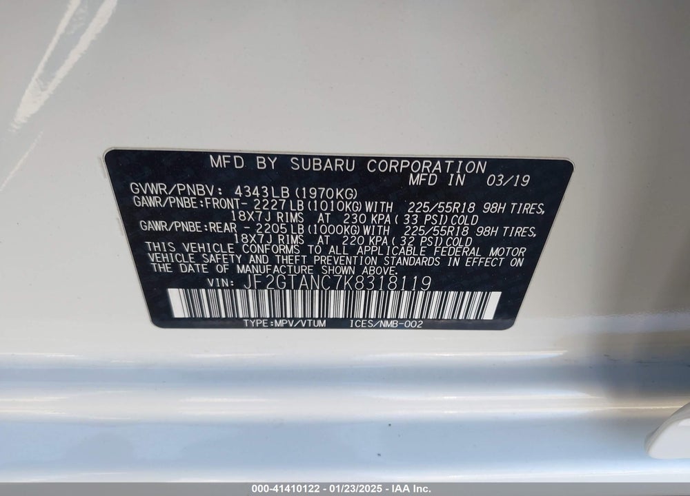2019 SUBARU CROSSTREK 2.0I LIMITED VIN: JF2GTANC7K8318119