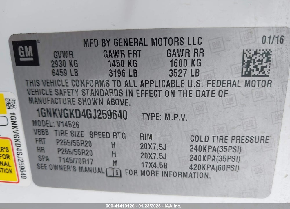2016 CHEVROLET TRAVERSE VIN: 1GNKVGKD4GJ259640