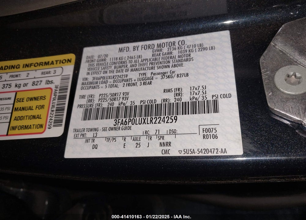 2020 FORD FUSION VIN: 3FA6P0LUXLR224259