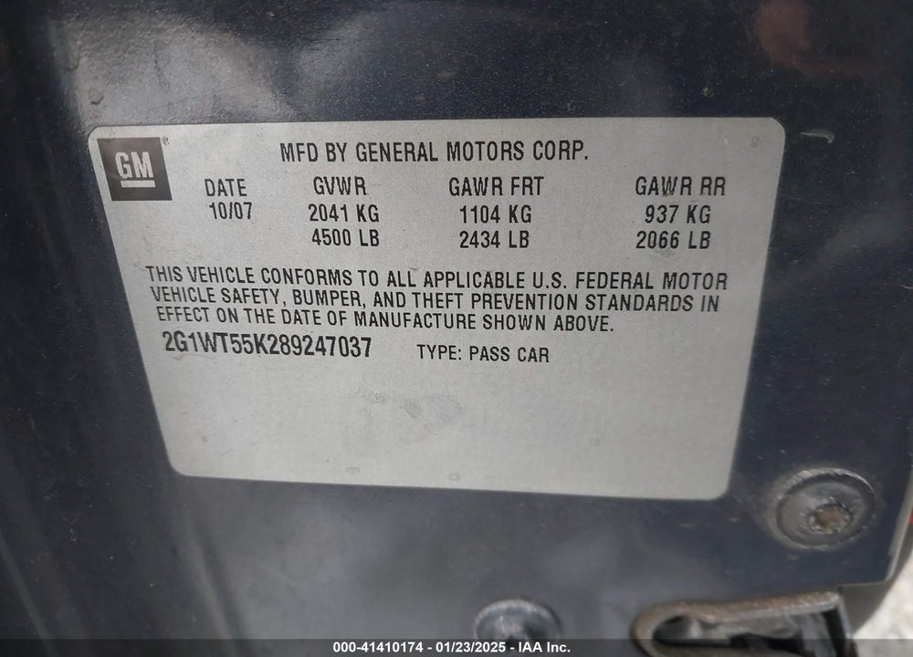2008 CHEVROLET IMPALA VIN: 2G1WT55K289247037